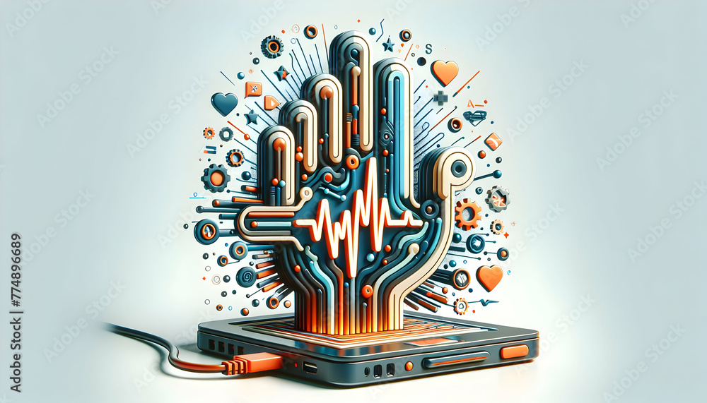 Poster 3d flat icon as interactive tech hand over laptop with interactive tech icons and abstract elements.