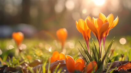 Spring flowers, nature background. Orange crocuses blooming at spring meadow. Banner with copy space. - obrazy, fototapety, plakaty