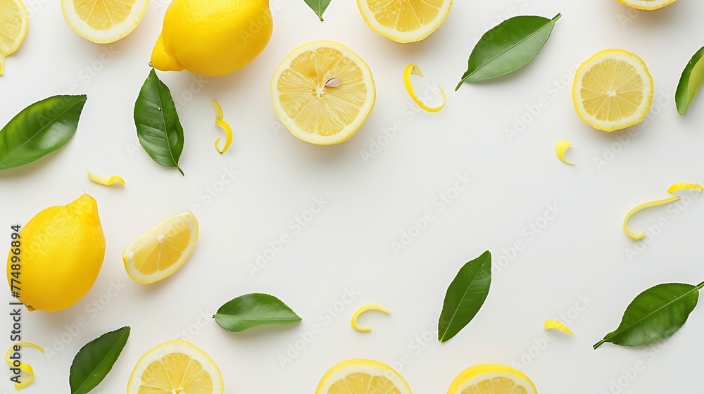 Poster generative ai : whole and half sliced lemon with green leaves isolated on white background. top view
