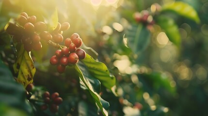 Generative AI : Close up, Arabica coffee berry ripening on tree, coffee beans in North of thailand, Blur background. - obrazy, fototapety, plakaty