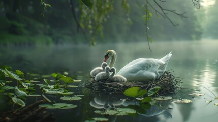 Serene swan family nesting on tranquil pond in photorealistic wide angle photography - obrazy, fototapety, plakaty
