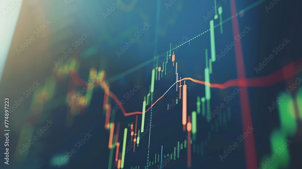 Leinwandbilder Generative AI : Closeup financial chart with uptrend line candlestick graph in stock market on monitor background