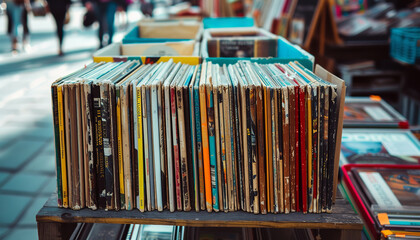 A stall at a flea market is offering vintage vinyl records - each placed in a colorful sleeve for...