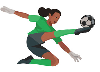 Nigerian teenager girl women's football goalkeeper in green sports gear kicks the ball with her foot