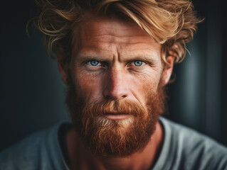 The mythical sage of azure gaze. A mysterious man with a voluminous beard and striking blue eyes gazes pensively into the distance, exuding an aura of wisdom and enigma - obrazy, fototapety, plakaty