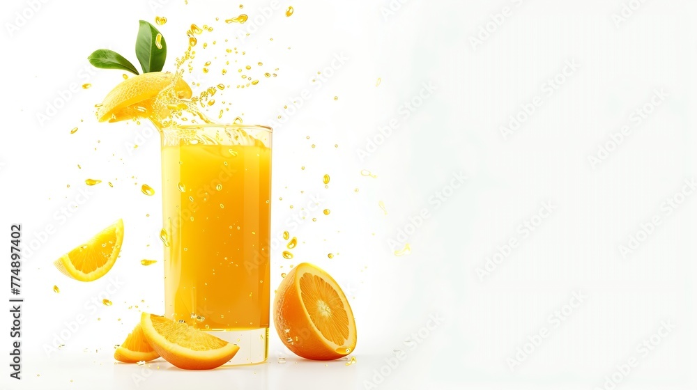 Poster Generative AI : Glass of 100% Orange juice with sacs and sliced fruits isolate on white background.