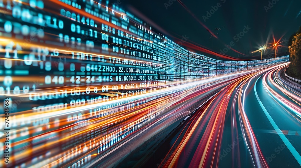 Aufkleber Generative AI : Digital data flow on road with motion blur to create vision of fast speed transfer