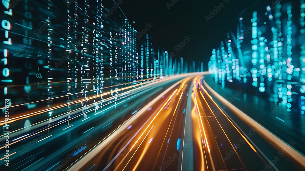 Poster Generative AI : Digital data flow on road with motion blur to create vision of fast speed transfer