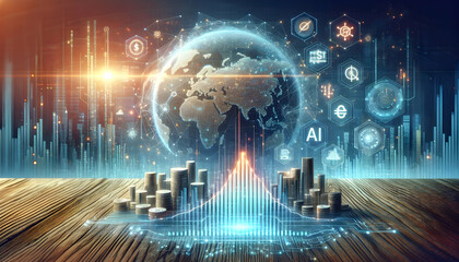 AI Financial Frontier Banner showing a financial chart with AI elements symbolizing cutting edge finance. in financial growth and innovation abstract theme ,Full depth of field, clean bright tone, hig