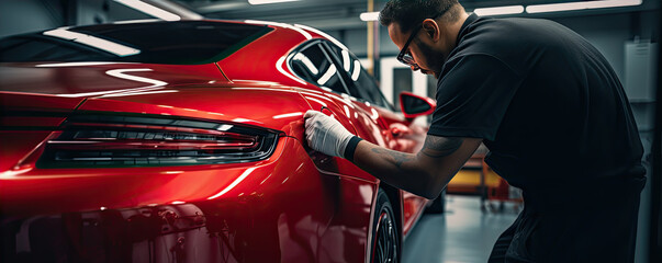 Car detailing close up.: man cleaning red sport car. - obrazy, fototapety, plakaty