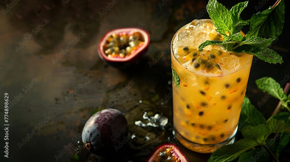 Poster generative ai : refreshing passion fruit drink with mint and vodka.