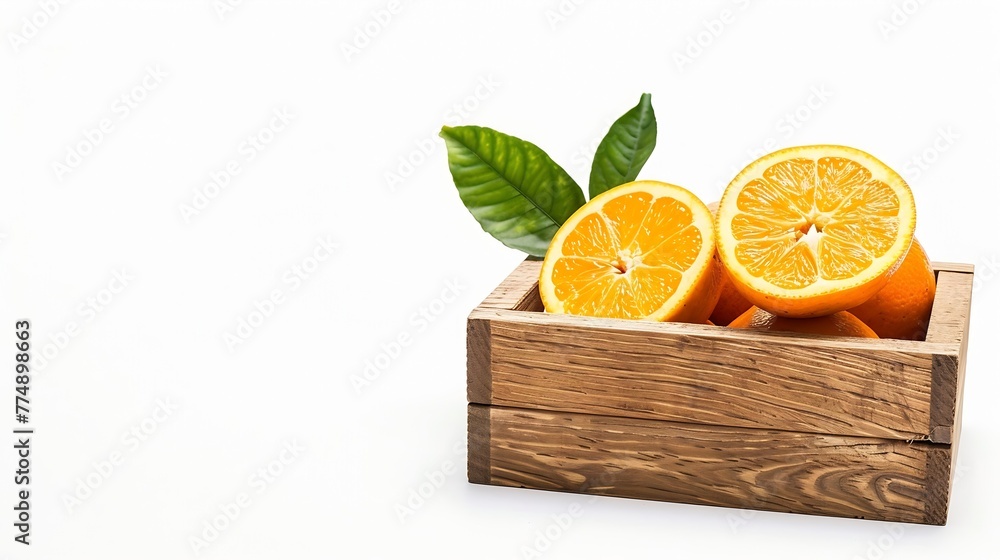 Poster generative ai : orange fruit with half slice and green leaves in wooden box isolated on white backgr