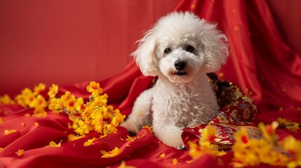 Generative AI : Adorable white poodle dog wearing chinese new year cloth with yellow cherry blossom on red cloth floor.