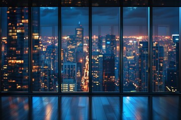 Beautiful night city view form Interior of skyscraper and big space inside of it for text or product, Generative AI.