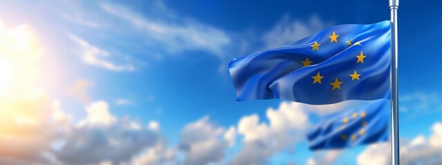 european union flag waving in the wind on flagpole against blue sky. banner with copy space. generative AI