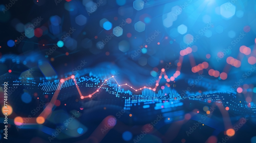 Poster Generative AI : Close up financial chart with line graph in stock market on blue color background