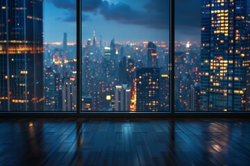 Beautiful night city view form Interior of skyscraper and big space inside of it for text or product, Generative AI.