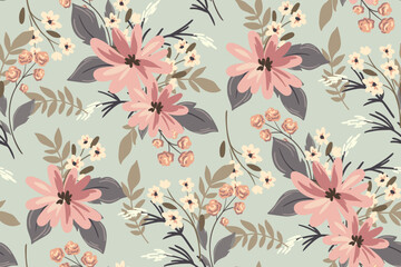 Seamless floral pattern, abstract ditsy print in a romantic vintage motif. Beautiful botanical design in delicate colors: hand drawn pink flowers, leaves, bouquets on a blue. Vector illustration. - obrazy, fototapety, plakaty