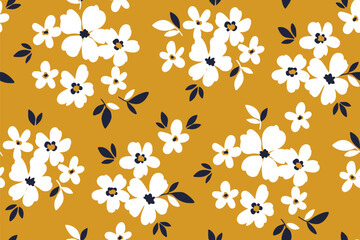 Seamless floral pattern, liberty ditsy print, hand drawn abstract ornament with simple plants. Pretty botanical design: small white daisy flowers, tiny leaves on a yellow field. Vector illustration. © Yulya i Kot