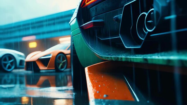 Dystopian Supercar Roaming a Futuristic City: Rain-Soaked Streets, Post-Apocalyptic
