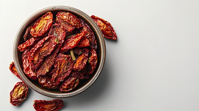 Close shot and top view of dried tomato's on a bowl on a studio clean backdrop with space for text or product, Generative AI.