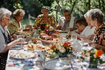A scene unfolds at a family reunion, where generations come together over a table adorned with Summer Barbecue Pork specialties, immortalized with the warmth and intimacy of a cherished family album