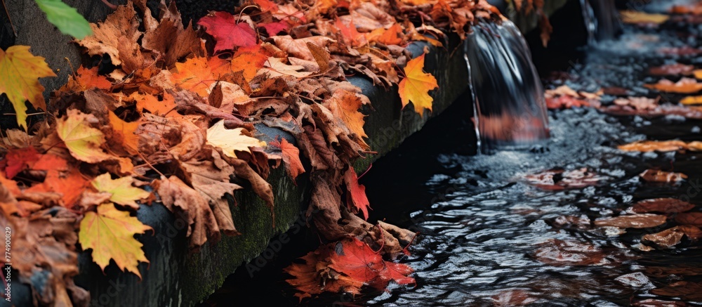 Aufkleber golden autumn leaves gently dropping from a tree, cascading over a tranquil small stream in a serene