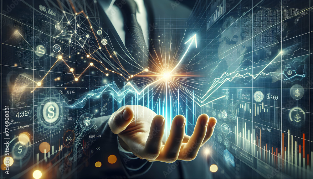 Poster growth graph grasp a hand reaching for a graph symbolizing financial growth amidst abstract patterns