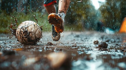 Close shot of a kid playing football in mud or rain after school with a big space for text, Generative AI. - obrazy, fototapety, plakaty