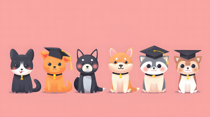 Graduation ceremony for pets, illustrated in kawaii art style