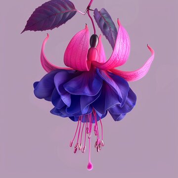 Vivid violet blooming beside faded fuchsia, bright colors, clean background, Realistic HD characters, fuchsia pale