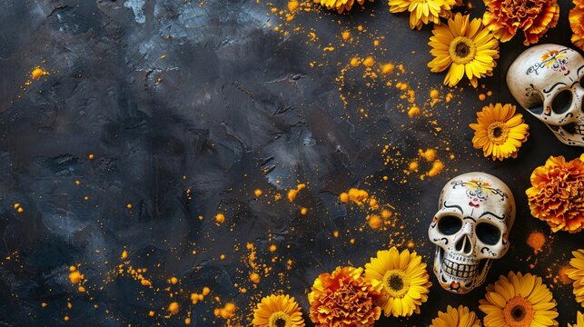 Day of The Dead concept. Skull and marigold flowers.