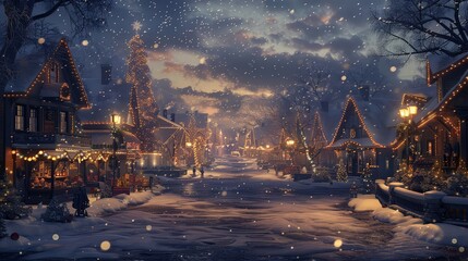 A charming holiday village scene dusted with snow and adorned with twinkling lights, with quaint cottages, a festive town square, and a bustling market, evoking the timeless charm of traditional holid - obrazy, fototapety, plakaty