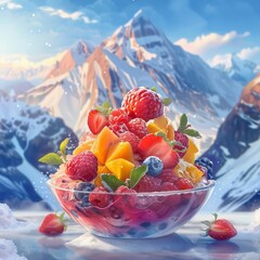 Fresh fruit bingsu served with a backdrop of snowcapped mountains, bright colors, clean background,...