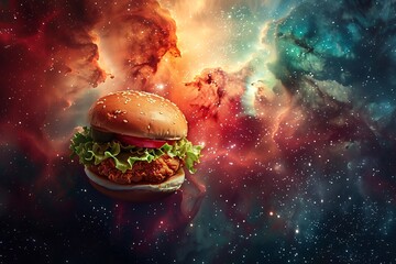 a hamburger in space with stars and nebula