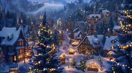 A charming holiday village scene dusted with snow and adorned with twinkling lights, with quaint cottages, a festive town square, and a bustling market, evoking the timeless charm of traditional holid - obrazy, fototapety, plakaty
