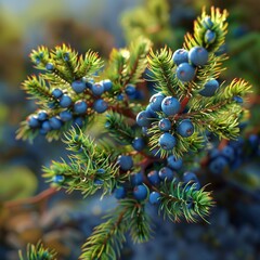 Jovial juniper berry bouncing around ponderous pine, bright colors, clean background, Realistic HD characters, pine contemplative
