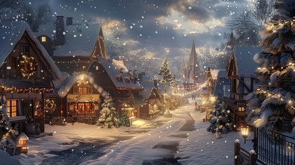 A charming holiday village scene dusted with snow and adorned with twinkling lights, with quaint cottages, a festive town square, and a bustling market, evoking the timeless charm of traditional holid