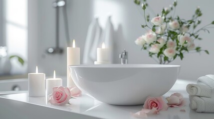 Fototapeta na wymiar Elegant white bathroom interior with modern vessel sink, rose and candles.