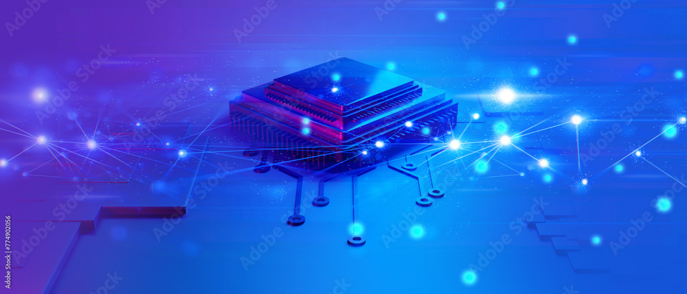 Poster microchip brain neural of ai robot for high technology network, quantum computer processing, 3d illu