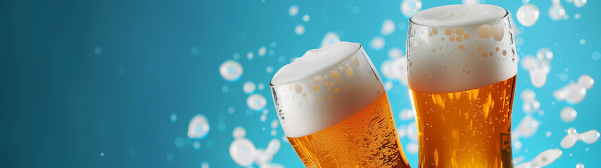 Photo of two beer mugs on a blue background, banner, created with generative AI technology  - obrazy, fototapety, plakaty