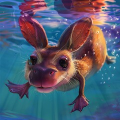 Plucky platypus diving deep, cautious kangaroo watching, bright colors, clean background, Realistic HD characters, kangaroo hesitant