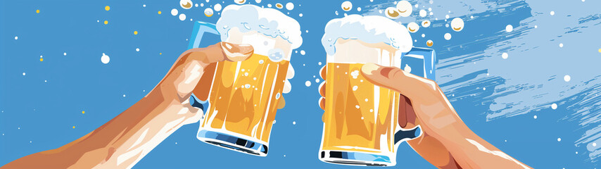 Illustration of two beer mugs on a blue background, Oktoberfest concept, banner, created with generative AI technology  - obrazy, fototapety, plakaty