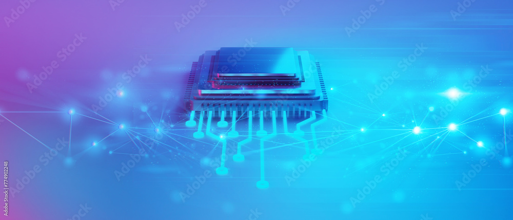 Poster microchip brain neural of ai robot for high technology network, quantum computer processing, 3d illu