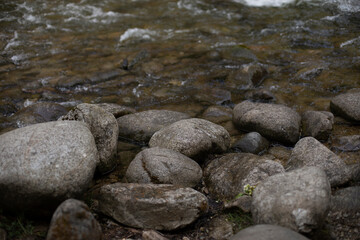 Large stones in a mountain river in the Chocholowska valley, Tatra Mountains, Poland
