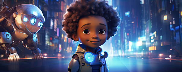Little afro boy and robot. chatbot friend, - obrazy, fototapety, plakaty