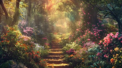 Enchanted pathway winds to a hidden garden flanked by a riot of blooms and whimsical trees - obrazy, fototapety, plakaty