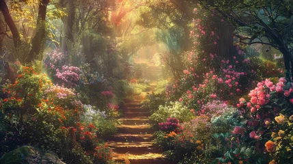 Rucksack Enchanted pathway winds to a hidden garden flanked by a riot of blooms and whimsical trees © HappyTime 17