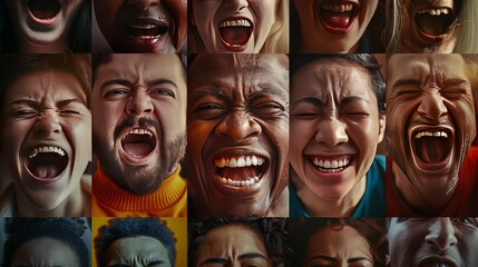 A collage of diverse facial expressions, capturing the moments of connection and understanding that arise from shared experiences and mutual empathy. - obrazy, fototapety, plakaty