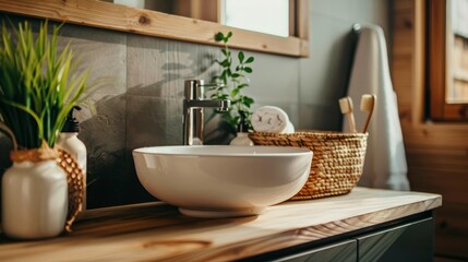 Fototapeta na wymiar closeup of sink in bathroom, cozy minimal decoration.